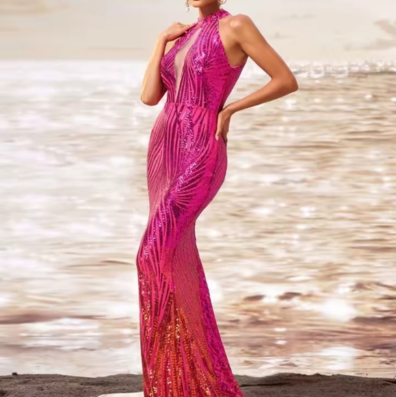 Pink Sequin Backless Halter Gown - Picture 10 of 12